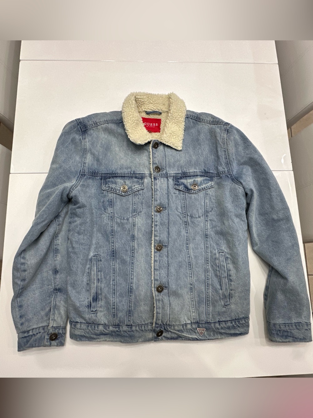 Vintage GUESS Men's Sherpa Lined Denim Jacket - Light Wash - Size L